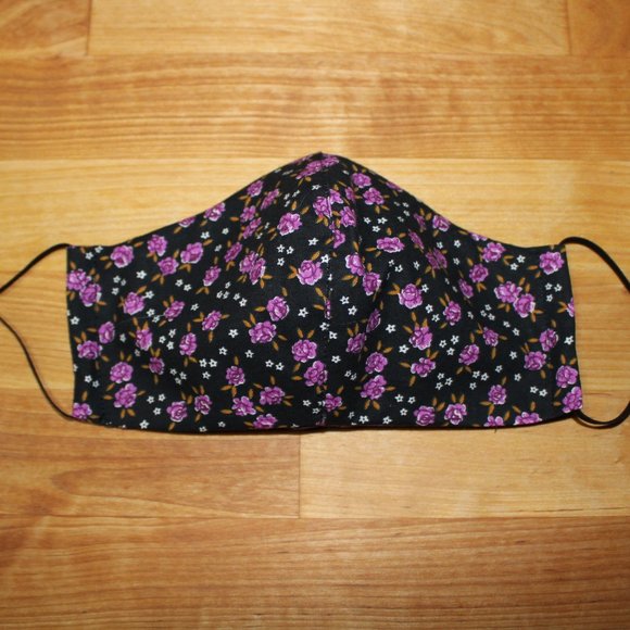 Black Purple Floral Cotton Face Mask Fabric - Picture 2 of 3